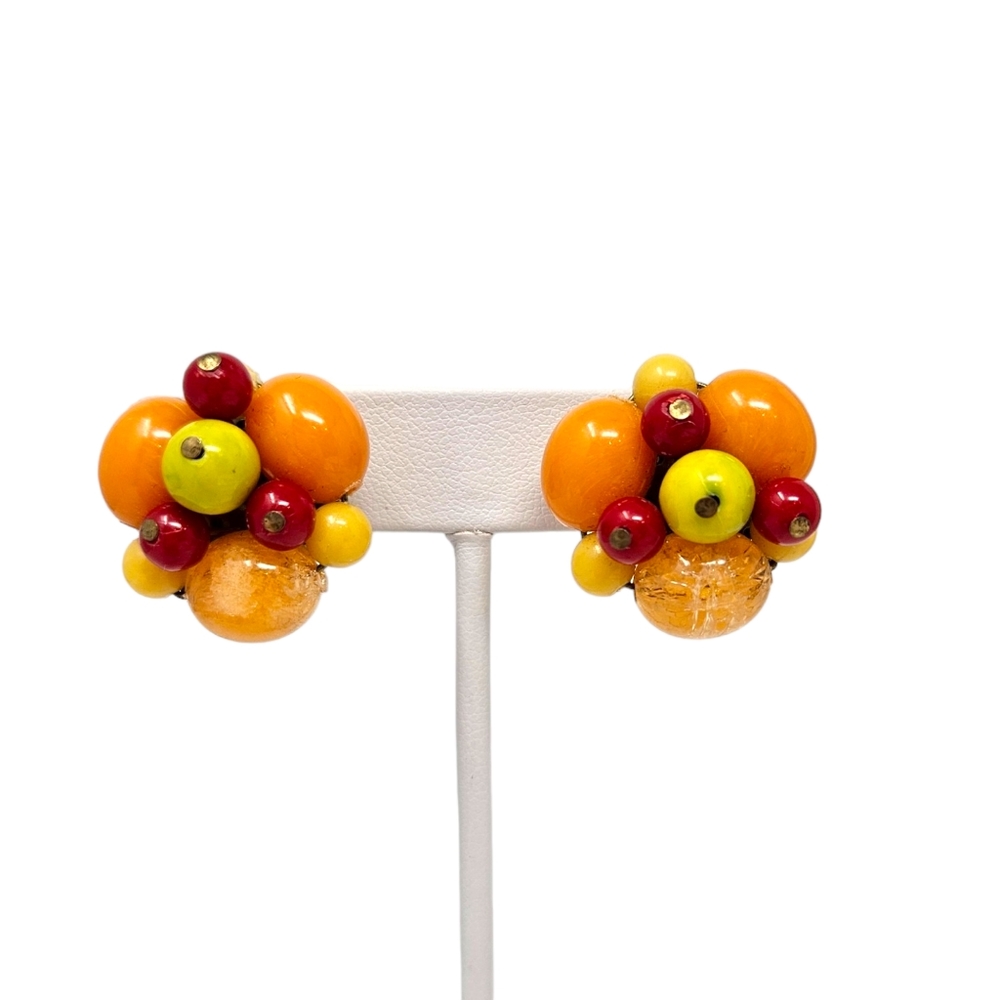 Vintage West Germany Beaded Cluster Clip-On EarringsOrange Red Yellow